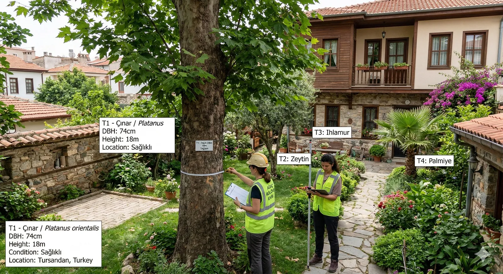 Bahçede numaralandırılmış çınar ve zeytin ağaçlarında rölöve tespit çalışması
