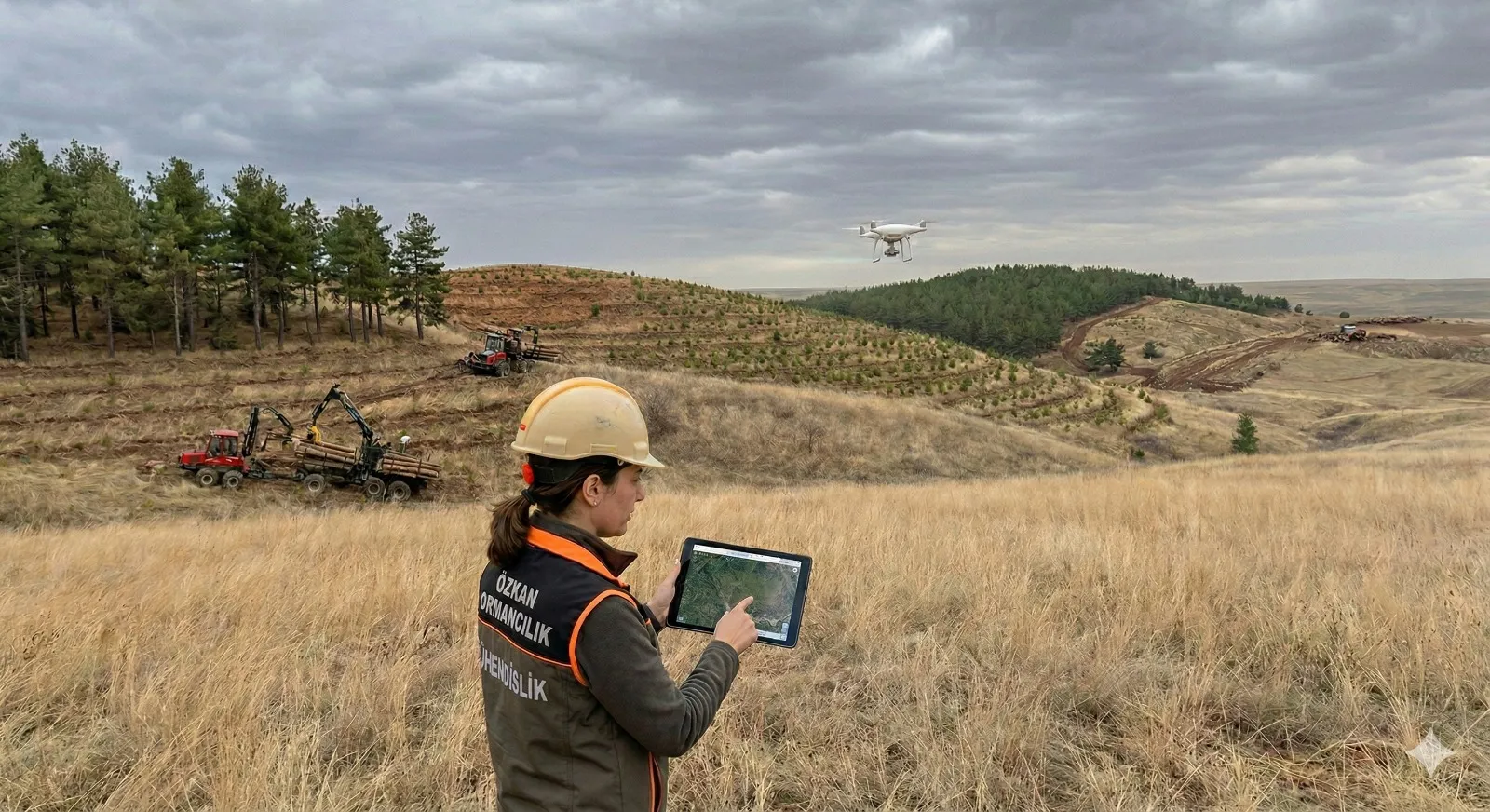 Ağaçlandırma sahasında dron ve tablet kullanarak arazi etüdü yapan mühendis